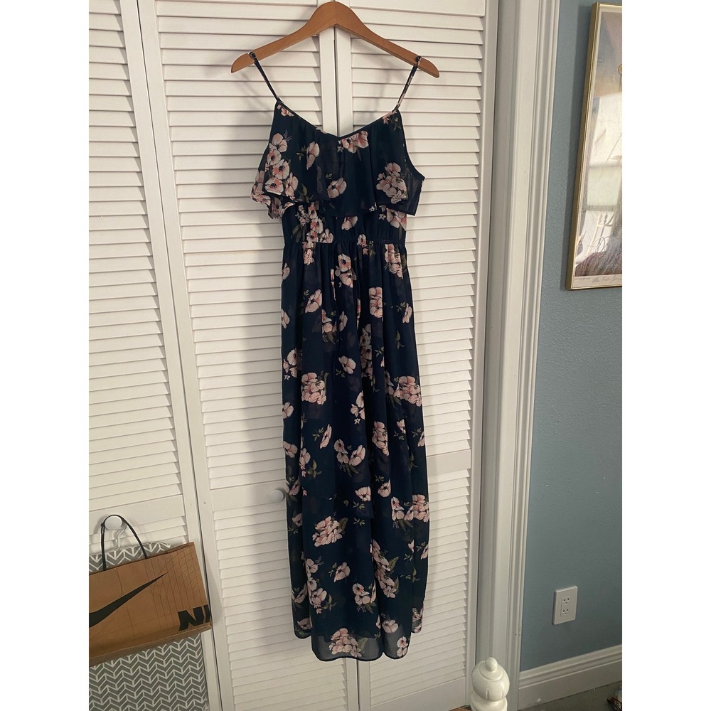 Abercrombie & Fitch Navy Pink Floral Ruffle Cold Shoulder Maxi Dress Small